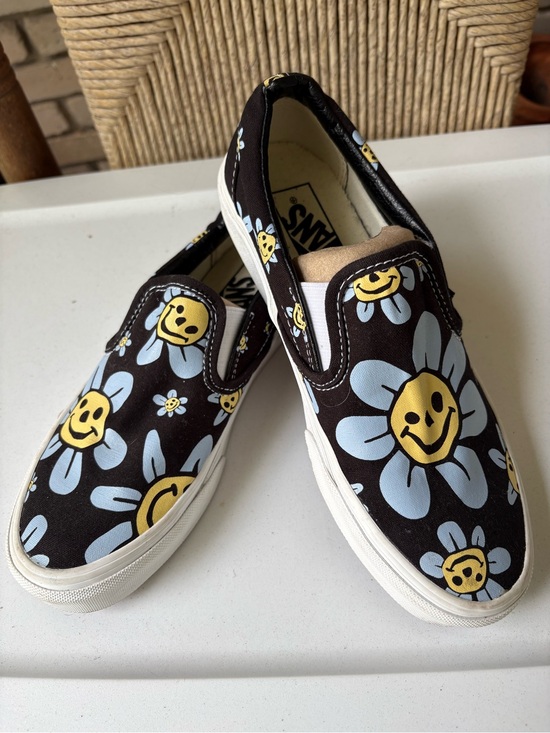 Vans Shoes - Vans triple grin floral black  Slip-On Sneakers Blue Daisy Yellow Smiley Faces
